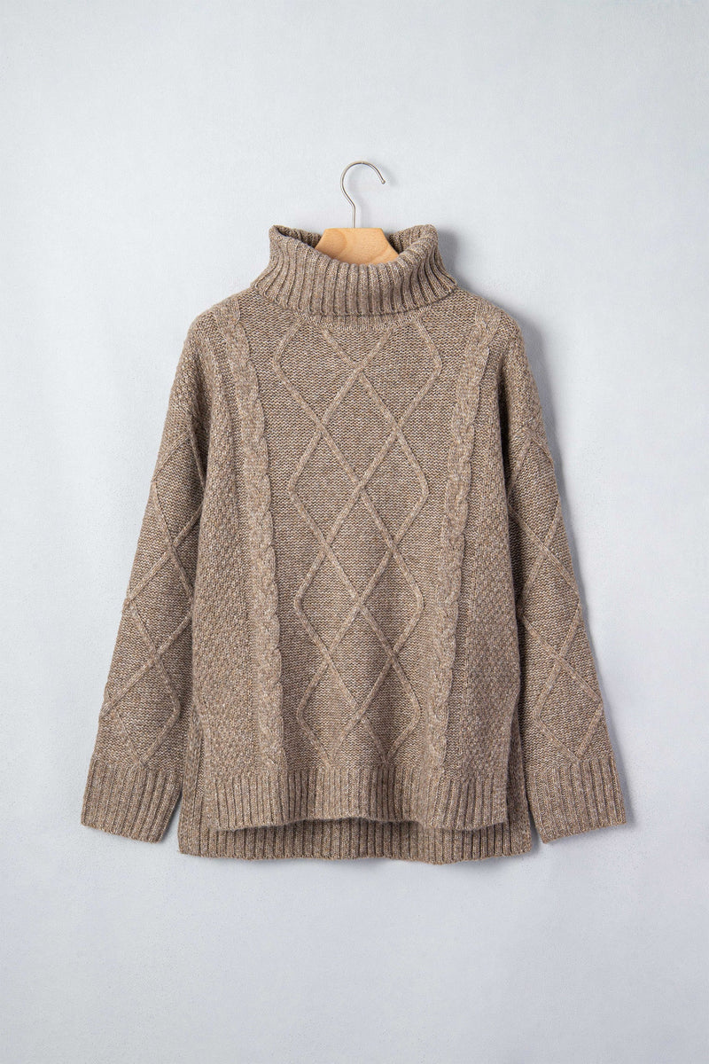 Cable Knit Turtleneck Sweater for Women with Side Slits and Drop Shoulders in Dark Khaki, hanger front view
