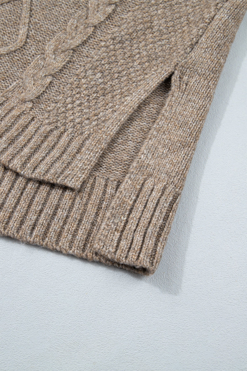 Cable Knit Turtleneck Sweater for Women with Side Slits and Drop Shoulders in Dark Khaki, side slit detail