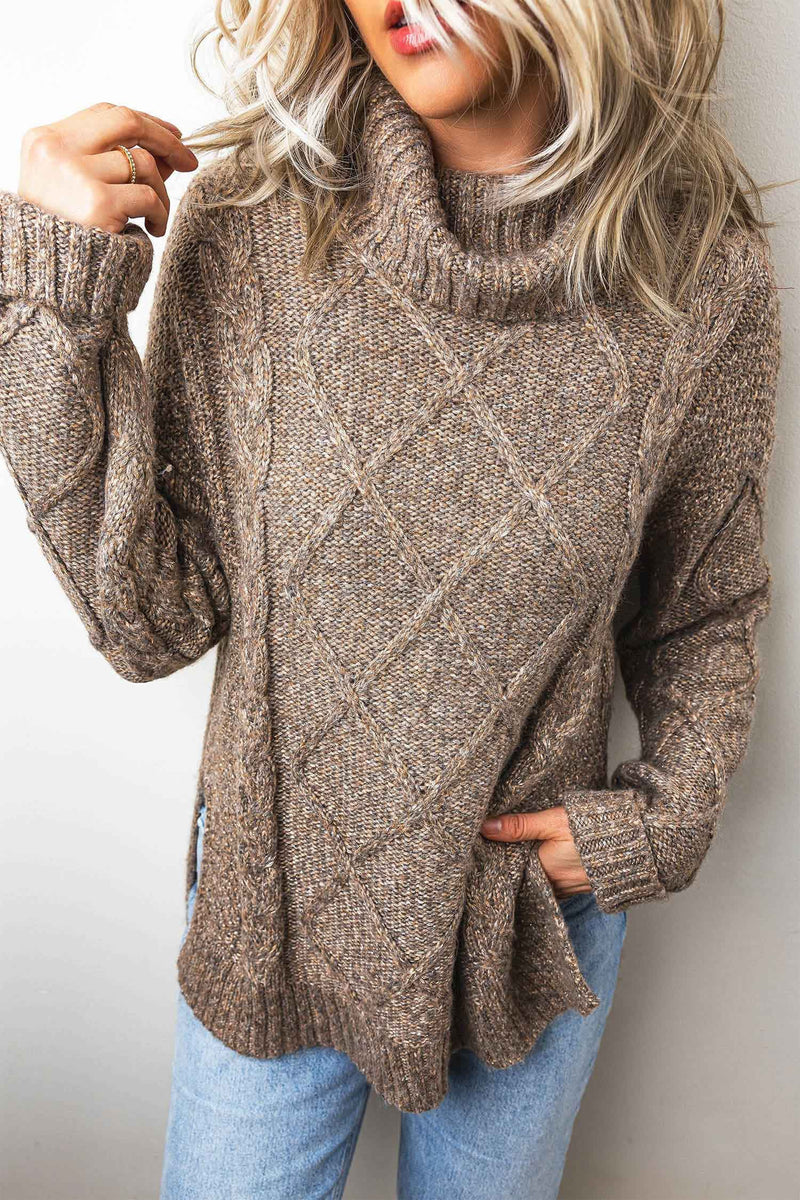 Cable Knit Turtleneck Sweater for Women with Side Slits and Drop Shoulders in Dark Khaki, styled view