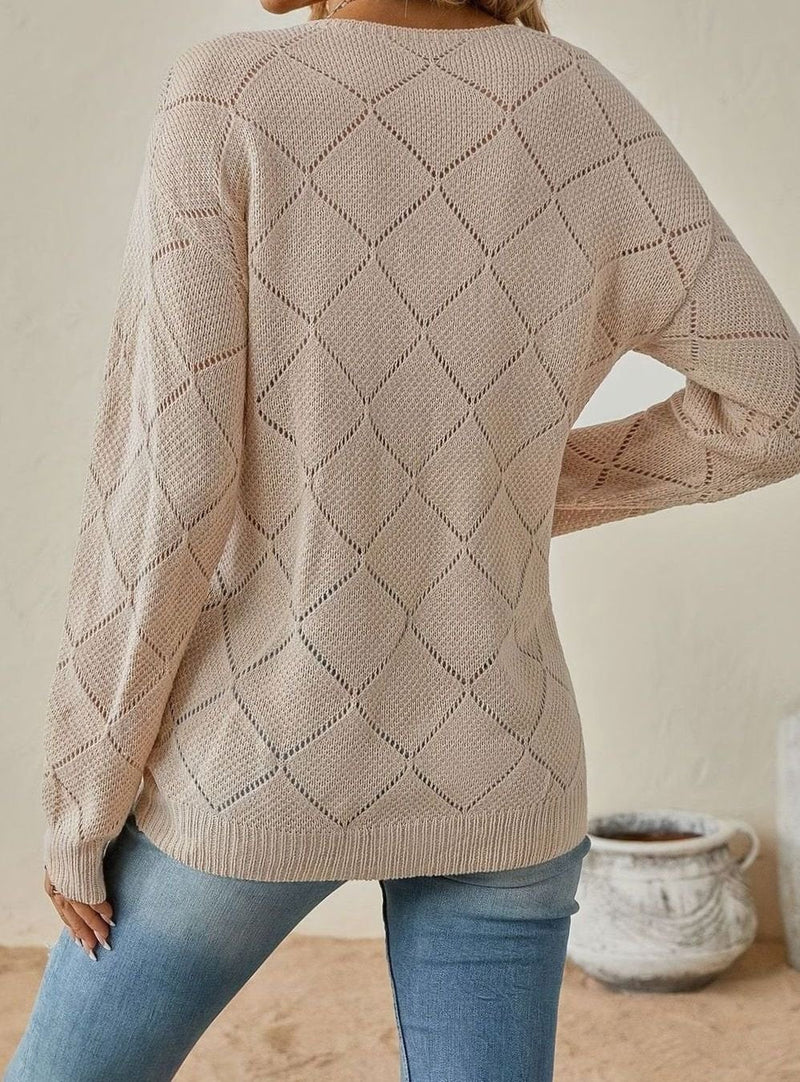 Diamond Pointelle V-Neck Sweater for Women with Relaxed Fit and Ribbed Hem in Beige, back view