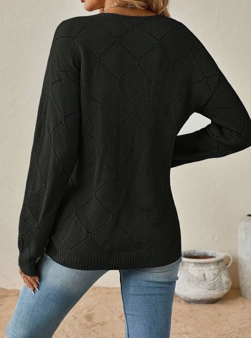 Diamond Pointelle V-Neck Sweater for Women with Relaxed Fit and Ribbed Hem in Black, back view