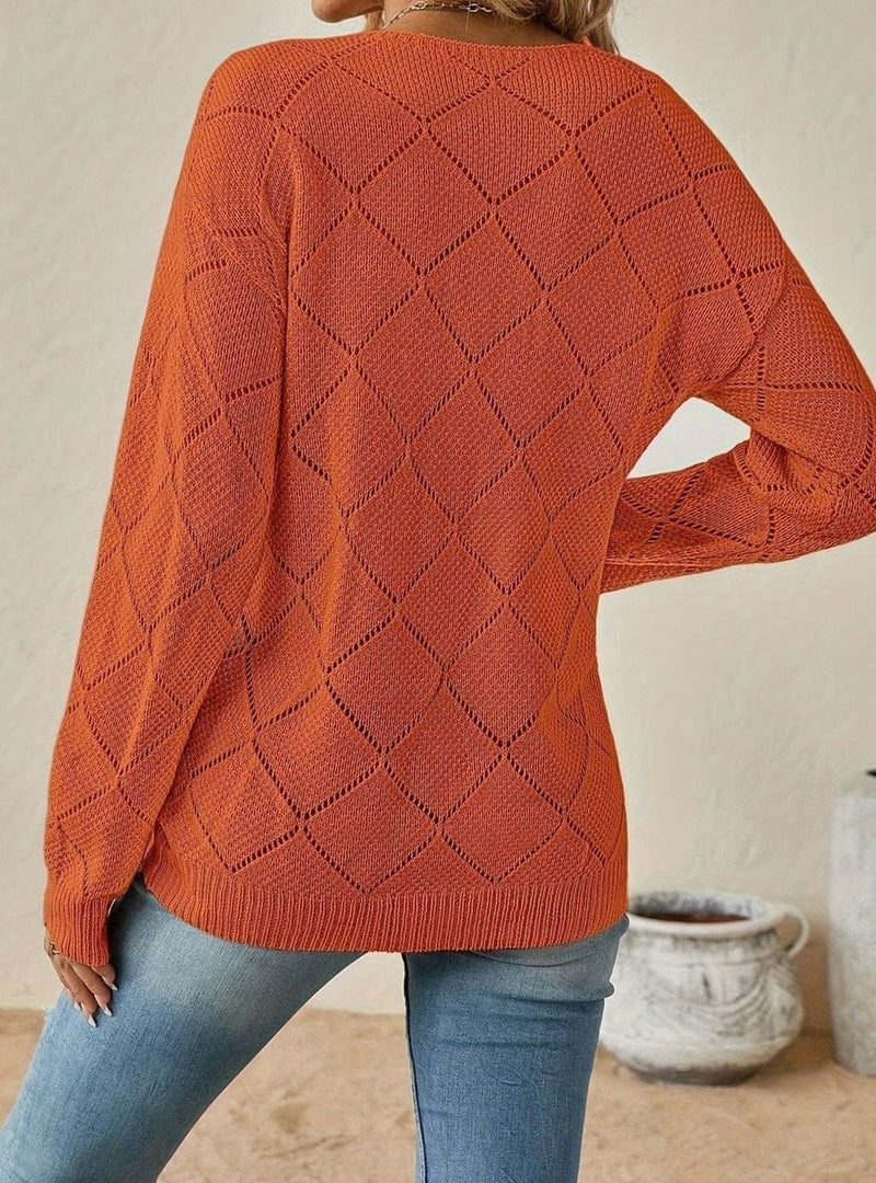 Diamond Pointelle V-Neck Sweater for Women with Relaxed Fit and Ribbed Hem in Orange, back view