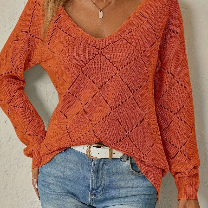 Diamond Pointelle V-Neck Sweater for Women with Relaxed Fit and Ribbed Hem in Orange, close front view