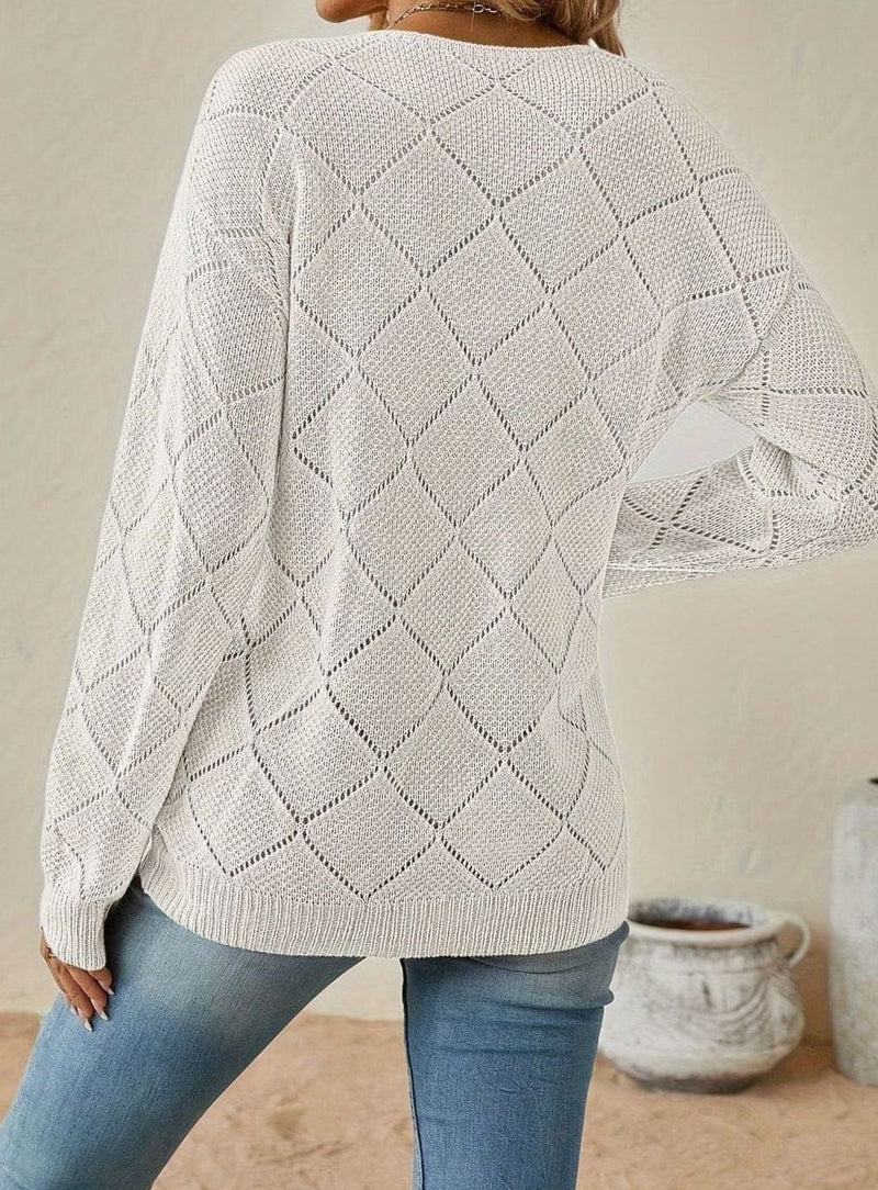 Diamond Pointelle V-Neck Sweater for Women with Relaxed Fit and Ribbed Hem in White, back view