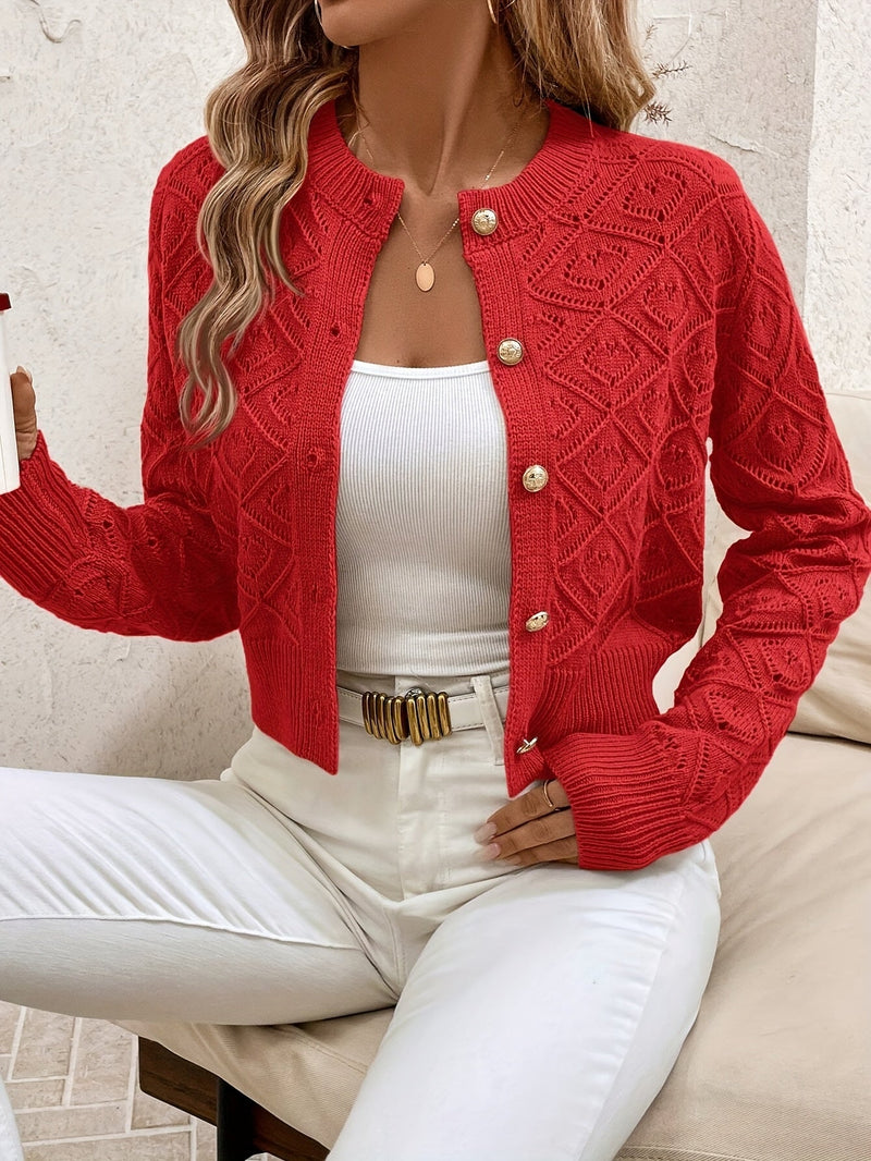 Cardigan Dame Cropped i Strik med Knapper i Rød, produktbillede