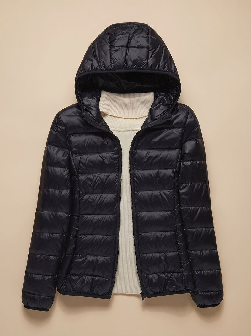 Ultra Light Packable Puffer Jacket for Women with Hood or Stand Collar in Black Hood, front view