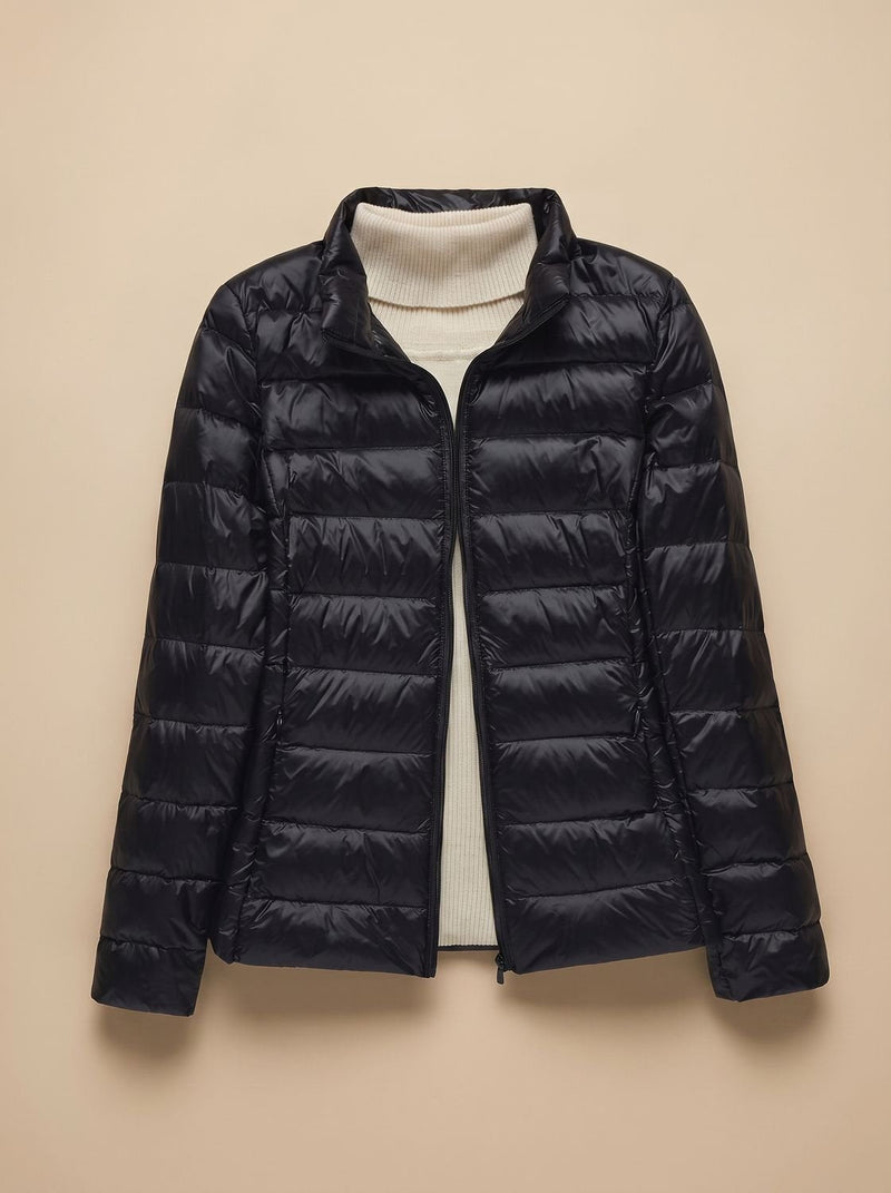 Ultra Light Packable Puffer Jacket for Women with Hood or Stand Collar in Black Stand-Up Collar, front view