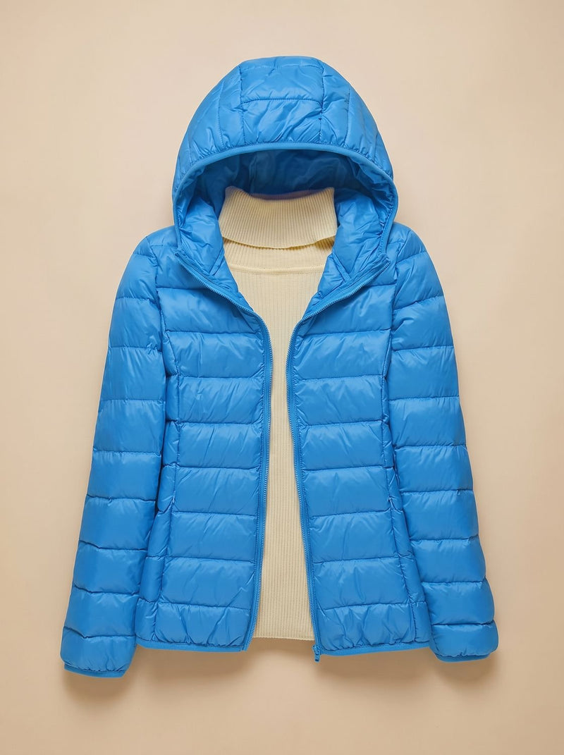 Ultra Light Packable Puffer Jacket for Women with Hood or Stand Collar in Blue Hood, front view