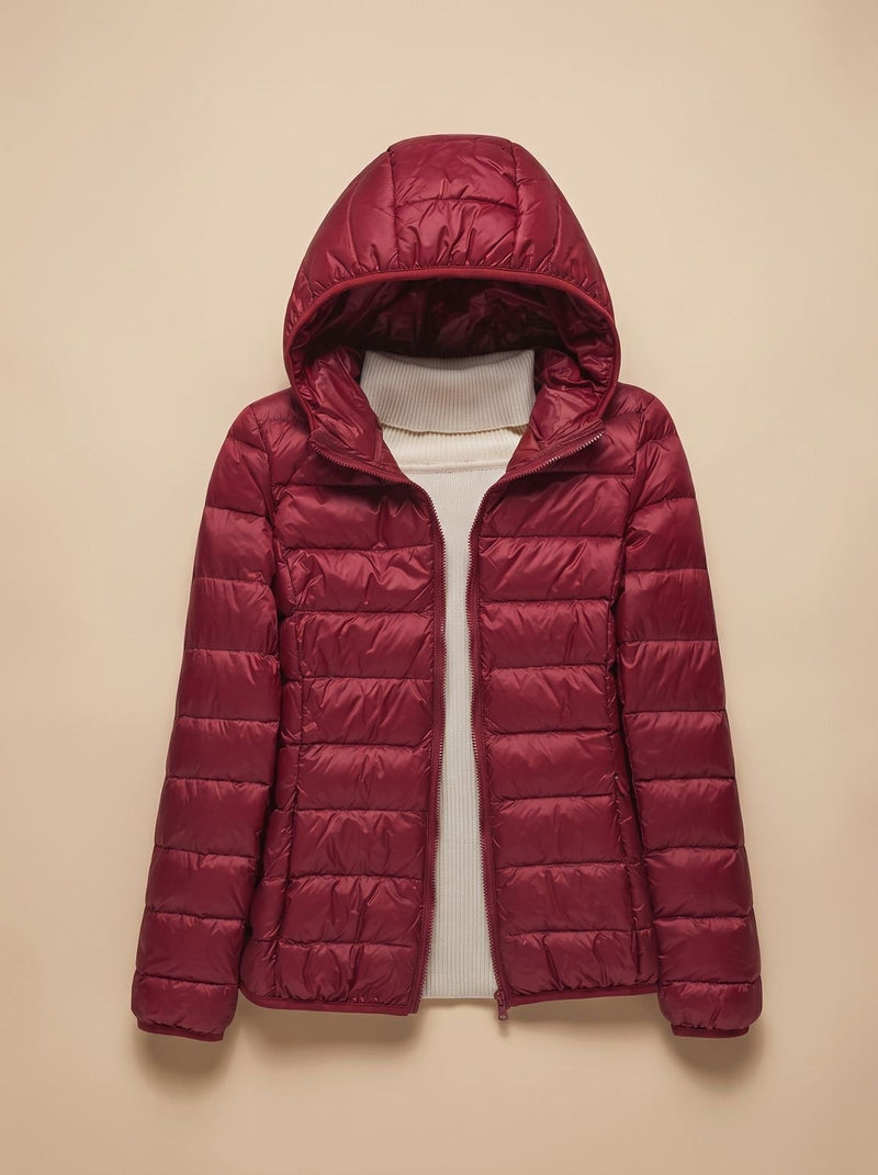 Ultra Light Packable Puffer Jacket for Women with Hood or Stand Collar in Burgundy Hood, front view