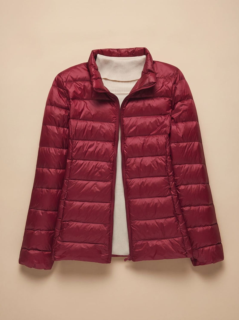 Ultra Light Packable Puffer Jacket for Women with Hood or Stand Collar in Burgundy Stand-Up Collar, front view