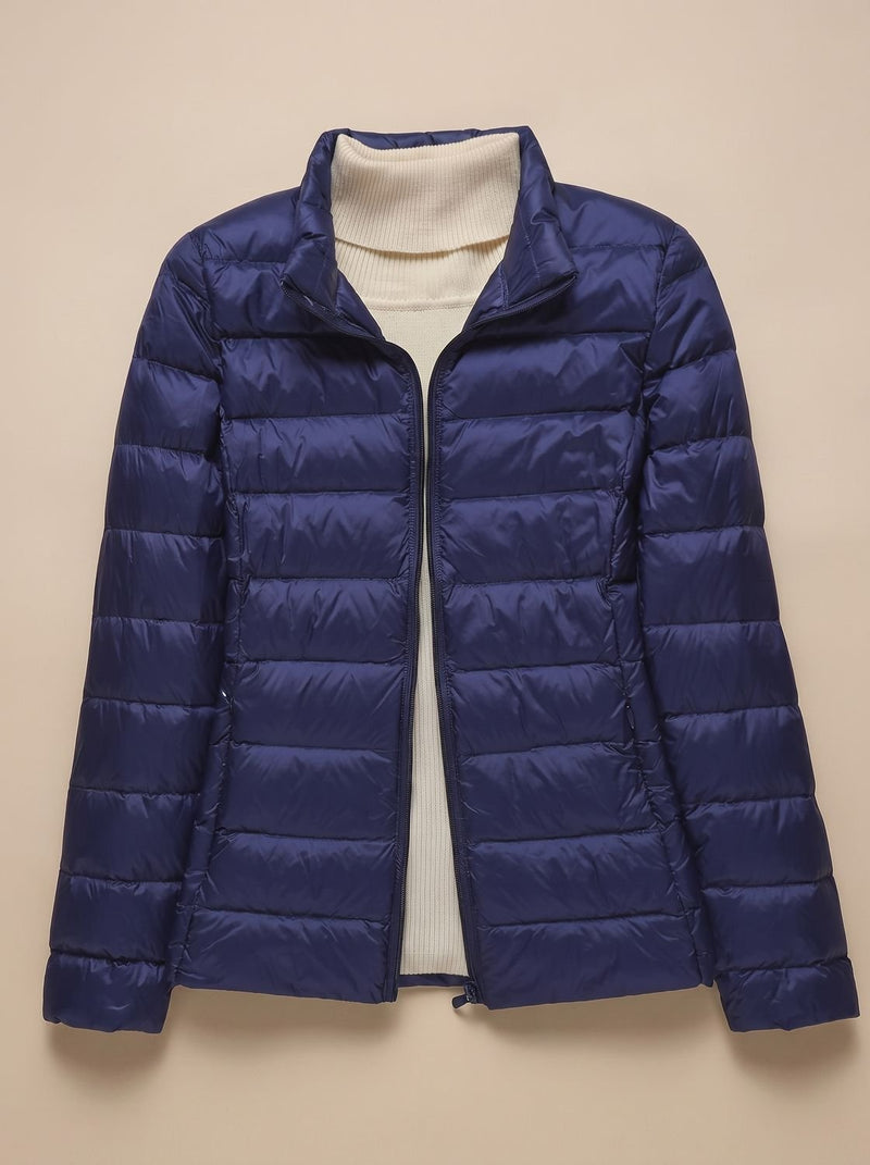 Ultra Light Packable Puffer Jacket for Women with Hood or Stand Collar in Dark Blue Stand-Up Collar, front view