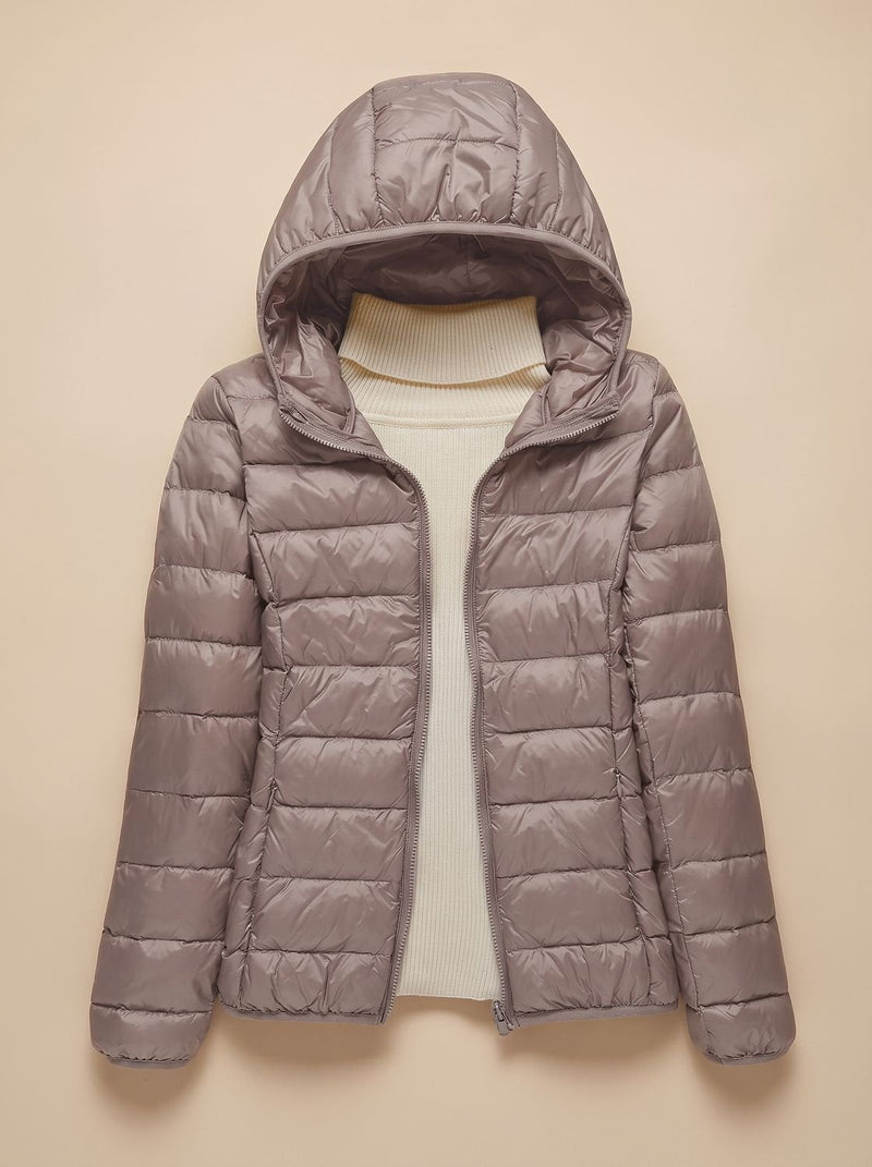 Ultra Light Packable Puffer Jacket for Women with Hood or Stand Collar in Khaki Hood, front view