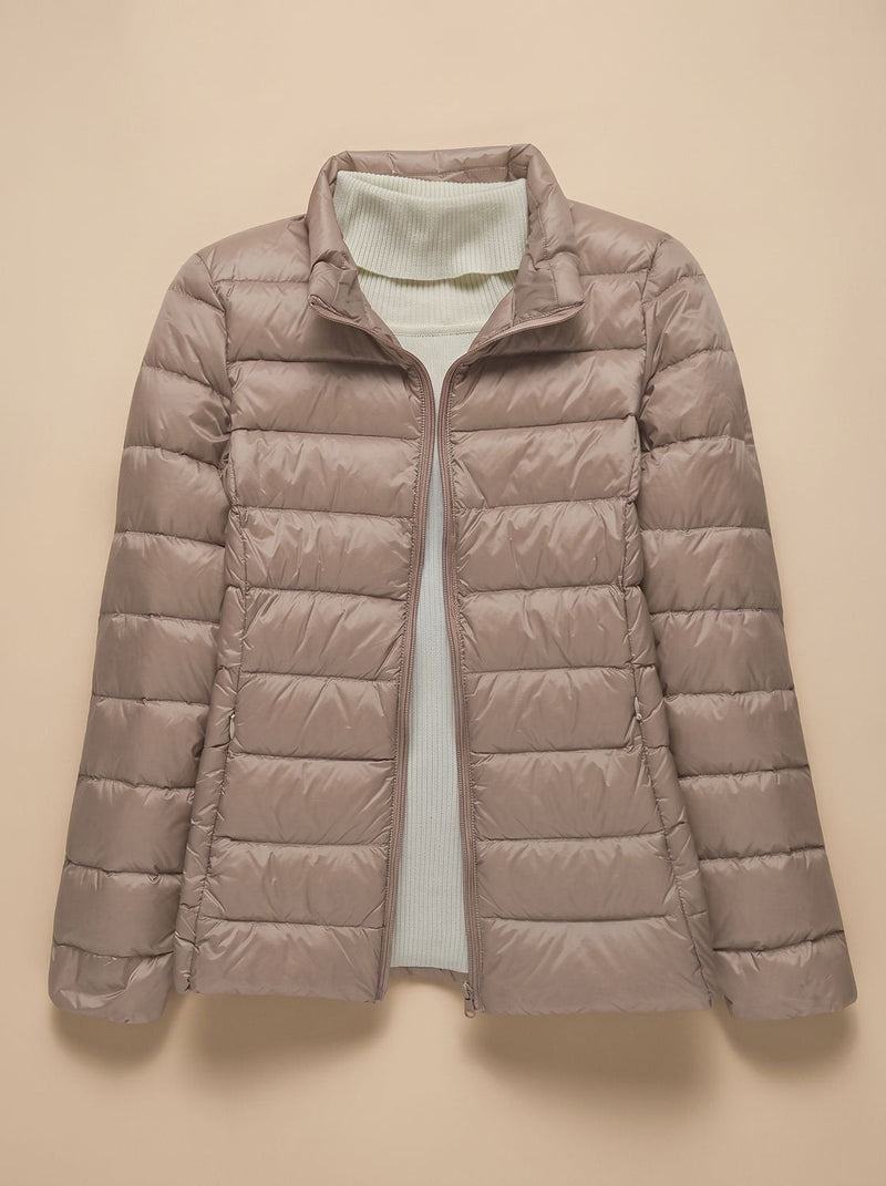 Ultra Light Packable Puffer Jacket for Women with Hood or Stand Collar in Khaki Stand-Up Collar, front view