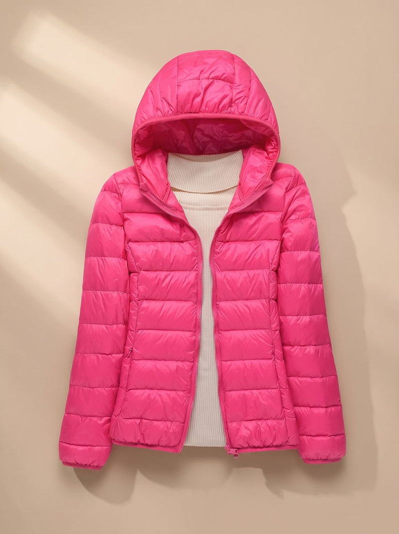 Ultra Light Packable Puffer Jacket for Women with Hood or Stand Collar in Pink Hood, front view