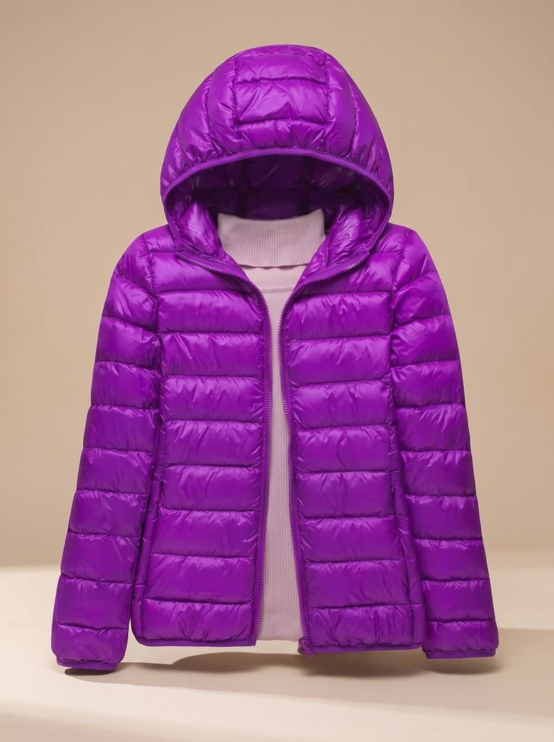 Ultra Light Packable Puffer Jacket for Women with Hood or Stand Collar in Purple Hood, front view