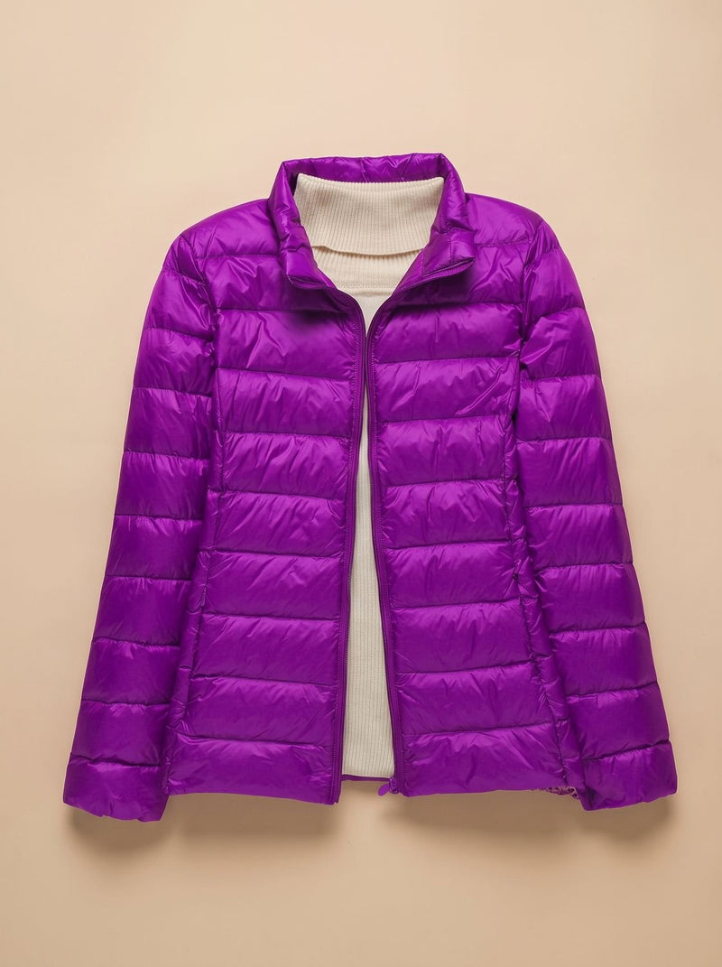Ultra Light Packable Puffer Jacket for Women with Hood or Stand Collar in Purple Stand-Up Collar, front view