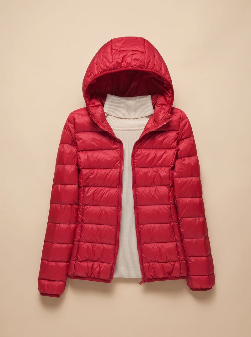 Ultra Light Packable Puffer Jacket for Women with Hood or Stand Collar in Red Hood, front view