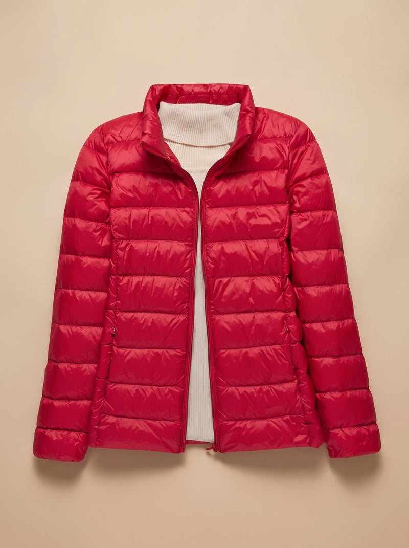 Ultra Light Packable Puffer Jacket for Women with Hood or Stand Collar in Red Stand-Up Collar, front view