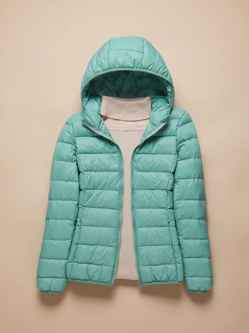 Ultra Light Packable Puffer Jacket for Women with Hood or Stand Collar in Turquoise Hood, front view