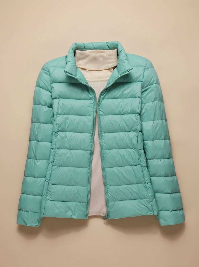 Ultra Light Packable Puffer Jacket for Women with Hood or Stand Collar in Turquoise Stand-Up Collar, front view