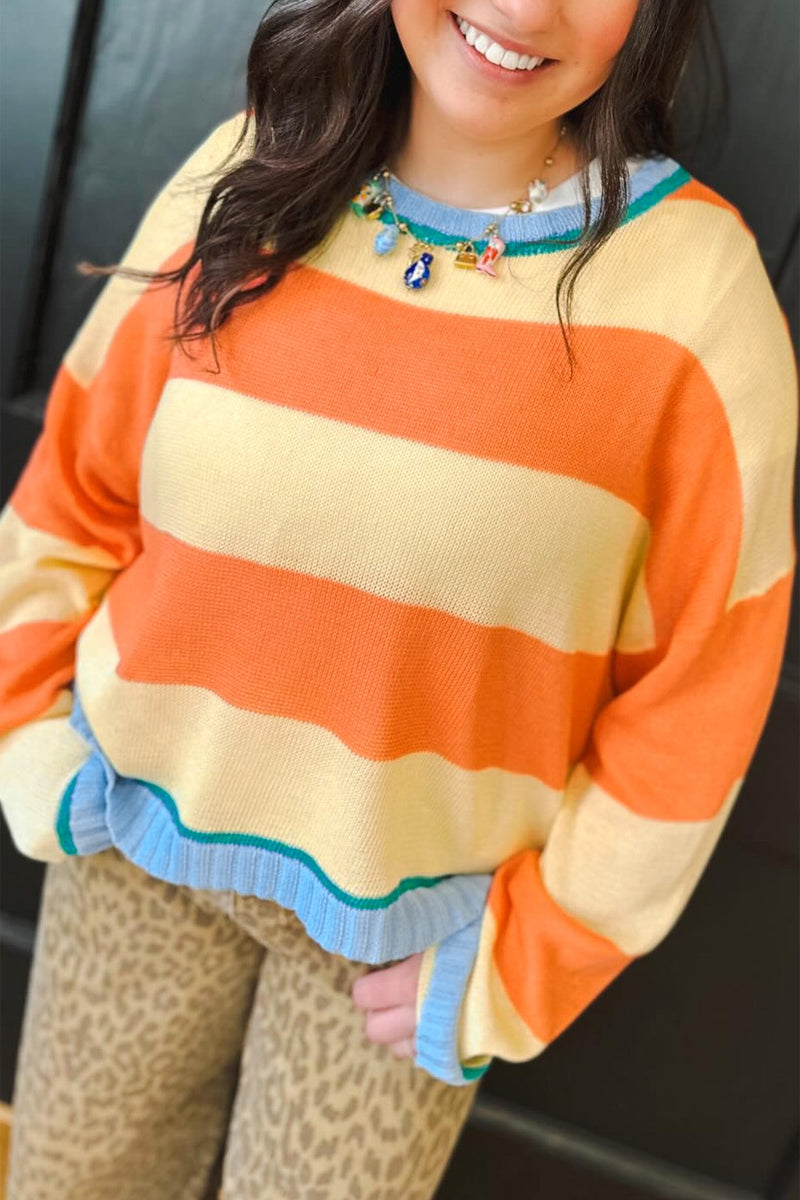 Plus Size Oversized Striped Sweater for Women with Contrast Ribbed Trim in Yellow Stripe, close-up