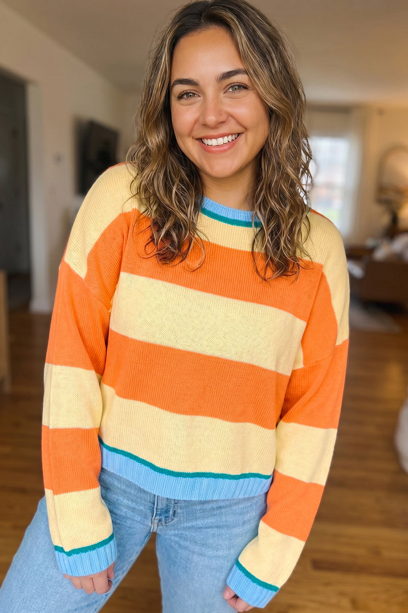 Plus Size Oversized Striped Sweater for Women with Contrast Ribbed Trim in Yellow Stripe, styled view