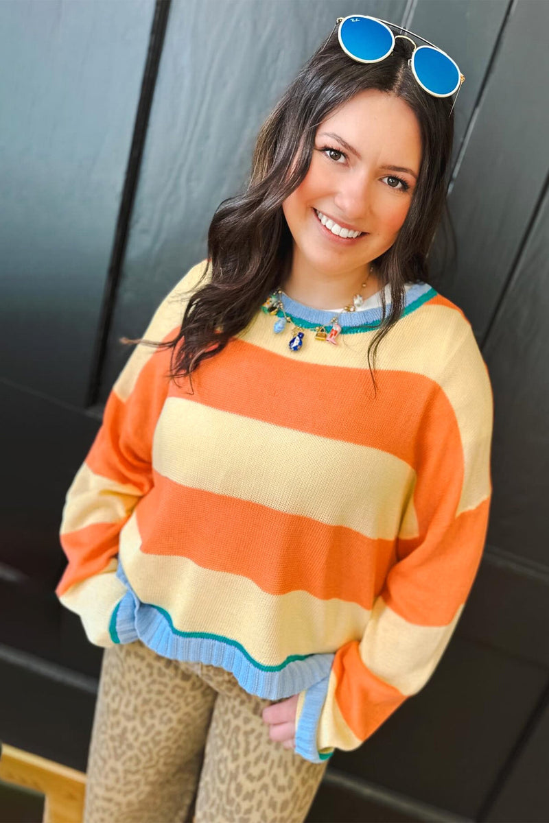 Plus Size Oversized Striped Sweater for Women with Contrast Ribbed Trim in Yellow Stripe, styled view 2