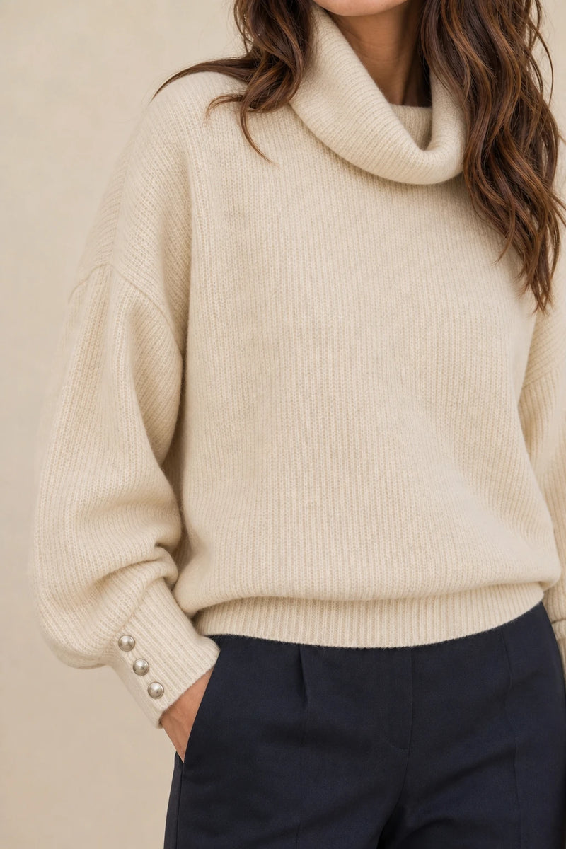Ivory | Button-Cuff Turtleneck Sweater in Beige, fabric close-up