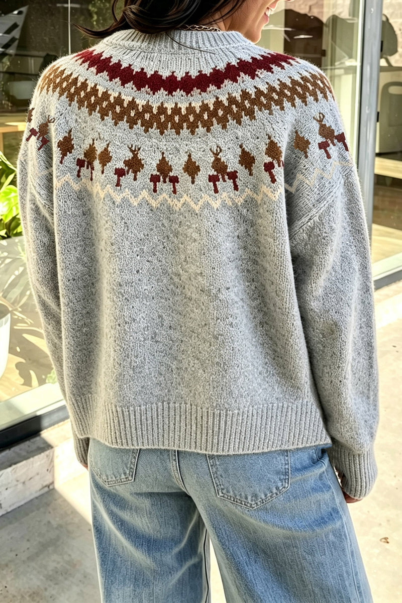 Fair Isle Yoke Sweater for Women with Crew Neck and Ribbed Trims in Gray, back view