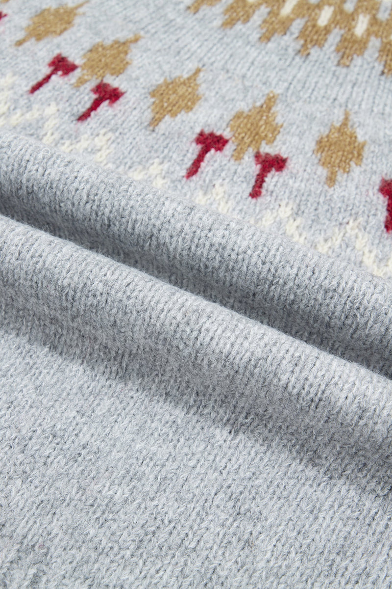 Fair Isle Yoke Sweater for Women with Crew Neck and Ribbed Trims in Gray, fabric close-up