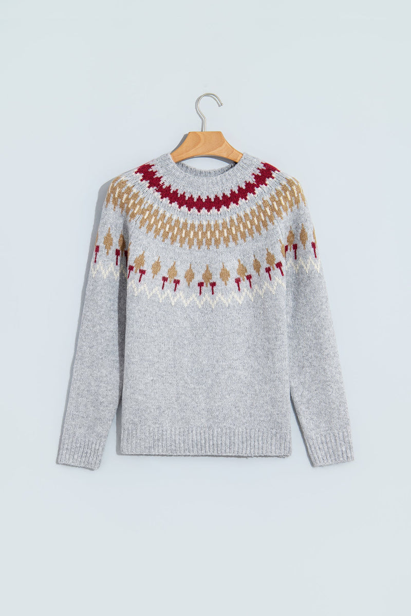 Fair Isle Yoke Sweater for Women with Crew Neck and Ribbed Trims in Gray, hanger front view