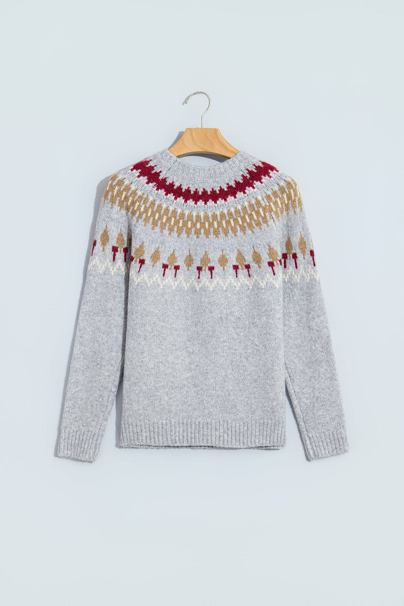 Fair Isle Yoke Sweater for Women with Crew Neck and Ribbed Trims in Gray, hanger view