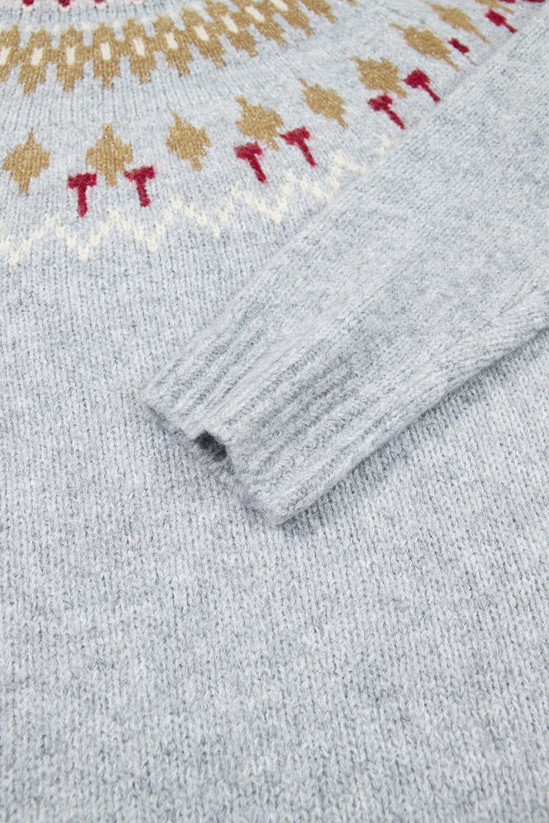 Fair Isle Yoke Sweater for Women with Crew Neck and Ribbed Trims in Gray, sleeve detail