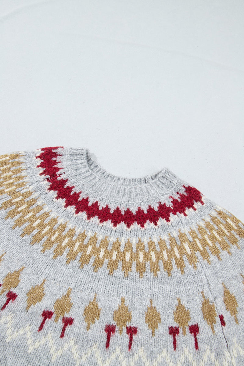 Fair Isle Yoke Sweater for Women with Crew Neck and Ribbed Trims in Gray, yoke detail