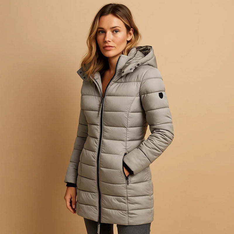 Mid Length Puffer Jacket for Women with Hood and High Stand Collar in Gray, front view