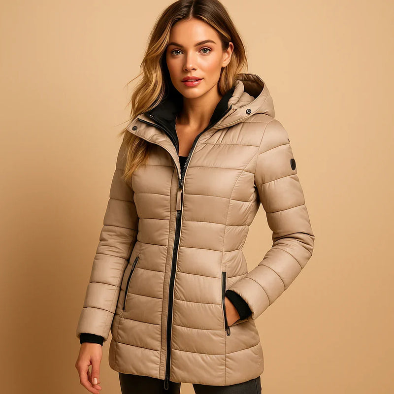 Mid Length Puffer Jacket for Women with Hood and High Stand Collar in Khaki, front view