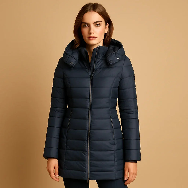 Mid Length Puffer Jacket for Women with Hood and High Stand Collar in Navy Blue, front view