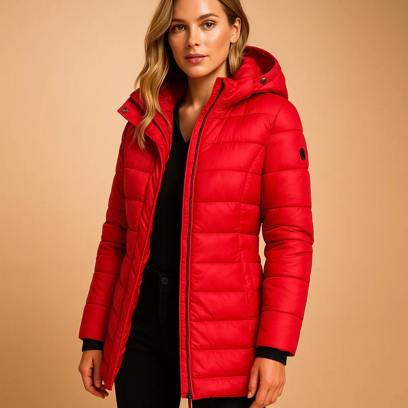 Mid Length Puffer Jacket for Women with Hood and High Stand Collar in Red, front view