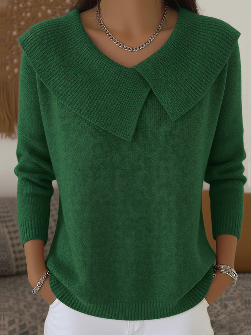 Fine Knit V-Neck Sweater for Women with Wide Crossover Collar in Green, front view