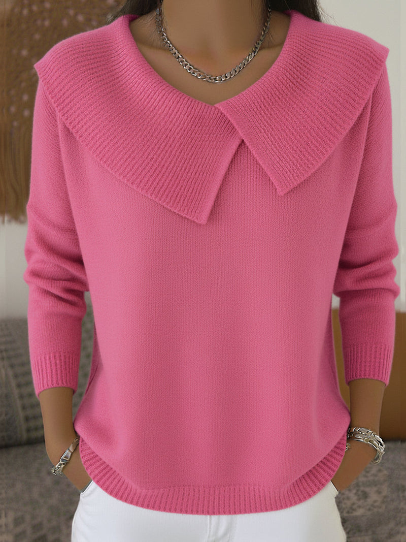 Fine Knit V-Neck Sweater for Women with Wide Crossover Collar in Pink, front view
