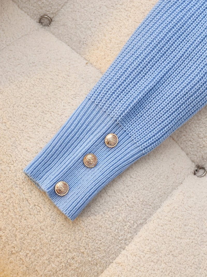 Chunky Knit Cowl Neck Sweater for Women with Button Cuffs in Sky Blue, button cuff detail