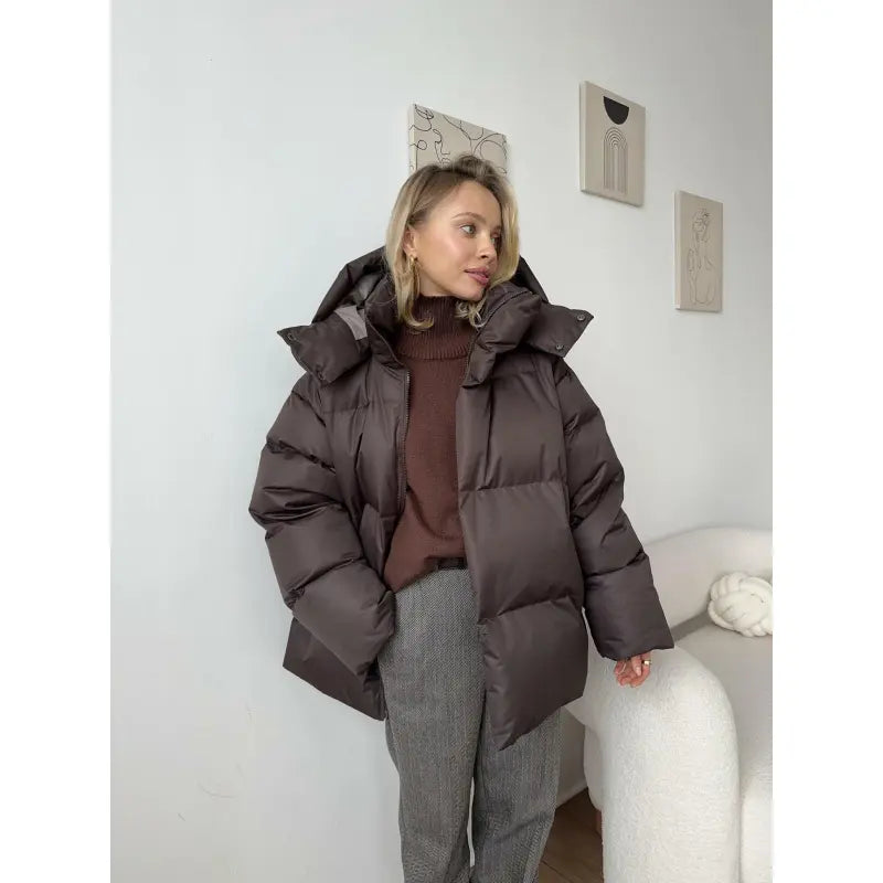 Oversized Hooded Puffer Jacket for Women with High Collar and Zip Front in Brown, front view