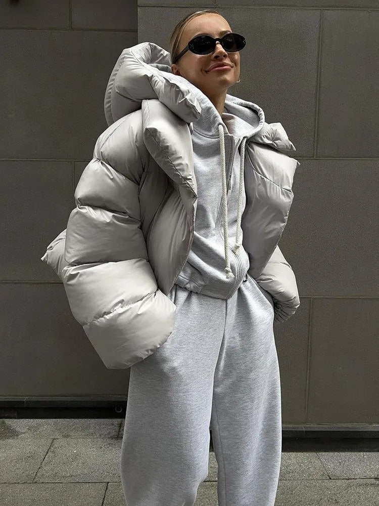 Oversized Hooded Puffer Jacket for Women with High Collar and Zip Front in Gray, front view