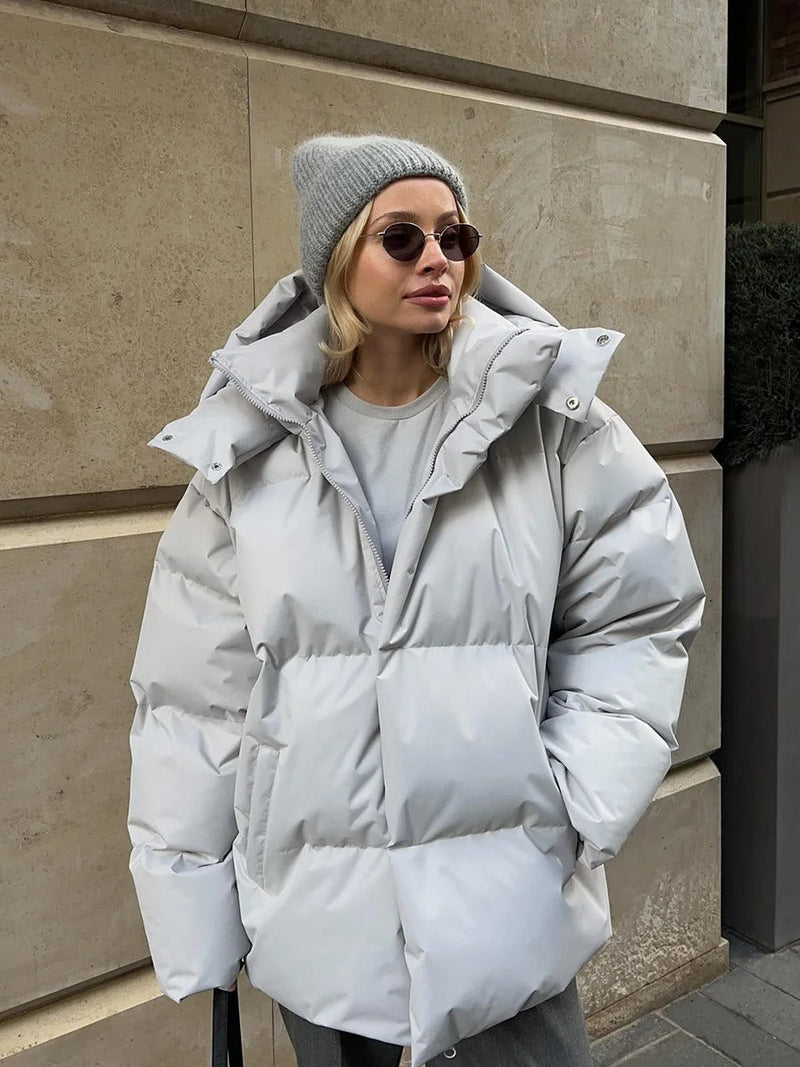 Oversized Hooded Puffer Jacket for Women with High Collar and Zip Front in Gray, styled view