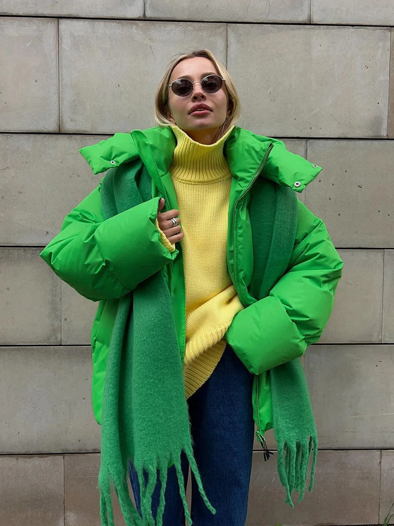 Oversized Hooded Puffer Jacket for Women with High Collar and Zip Front in Green, front view