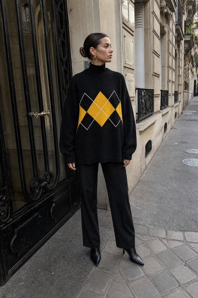 SOFAINE-V7-LIFE-Bethany | Argyle Knit Sweater in Black, street-style view