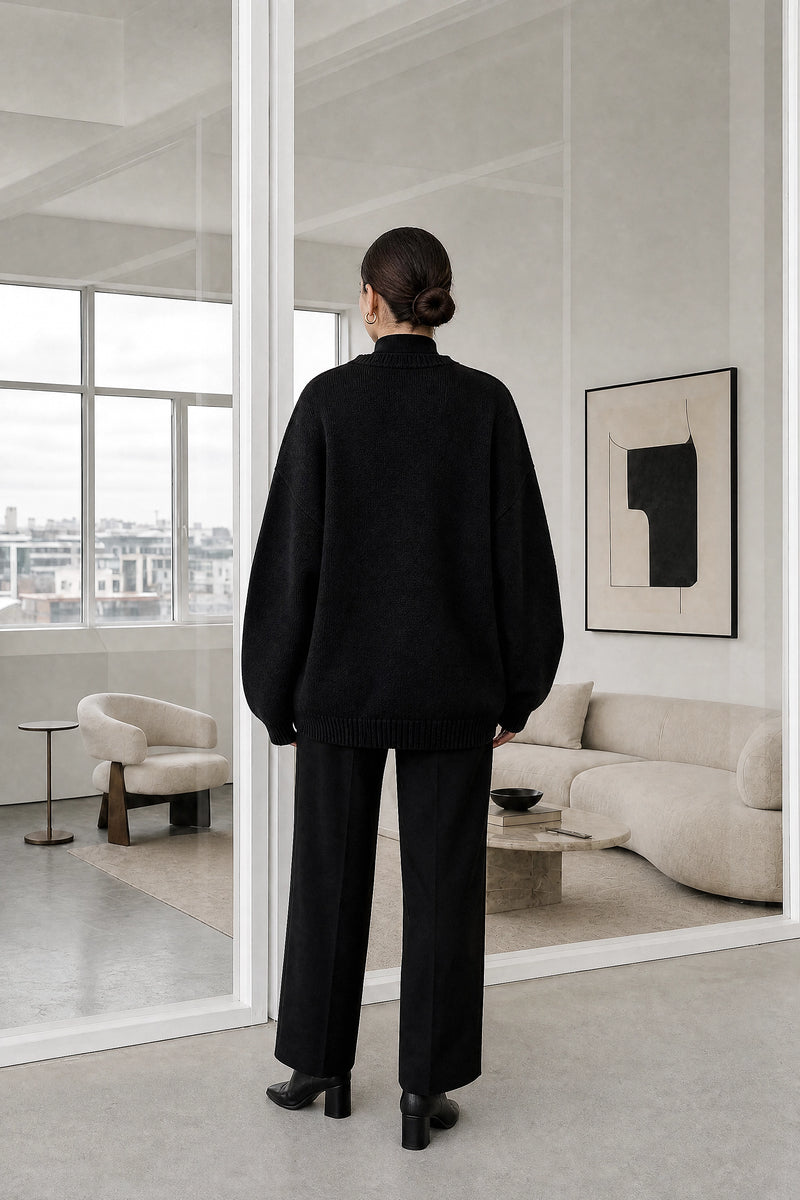 Bethany | Argyle Knit Sweater in Black, studio back view