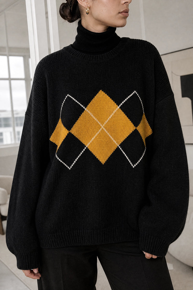 Bethany | Argyle Knit Sweater in Black, fabric close-up