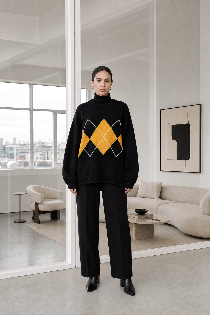 Bethany | Argyle Knit Sweater in Black, studio front view