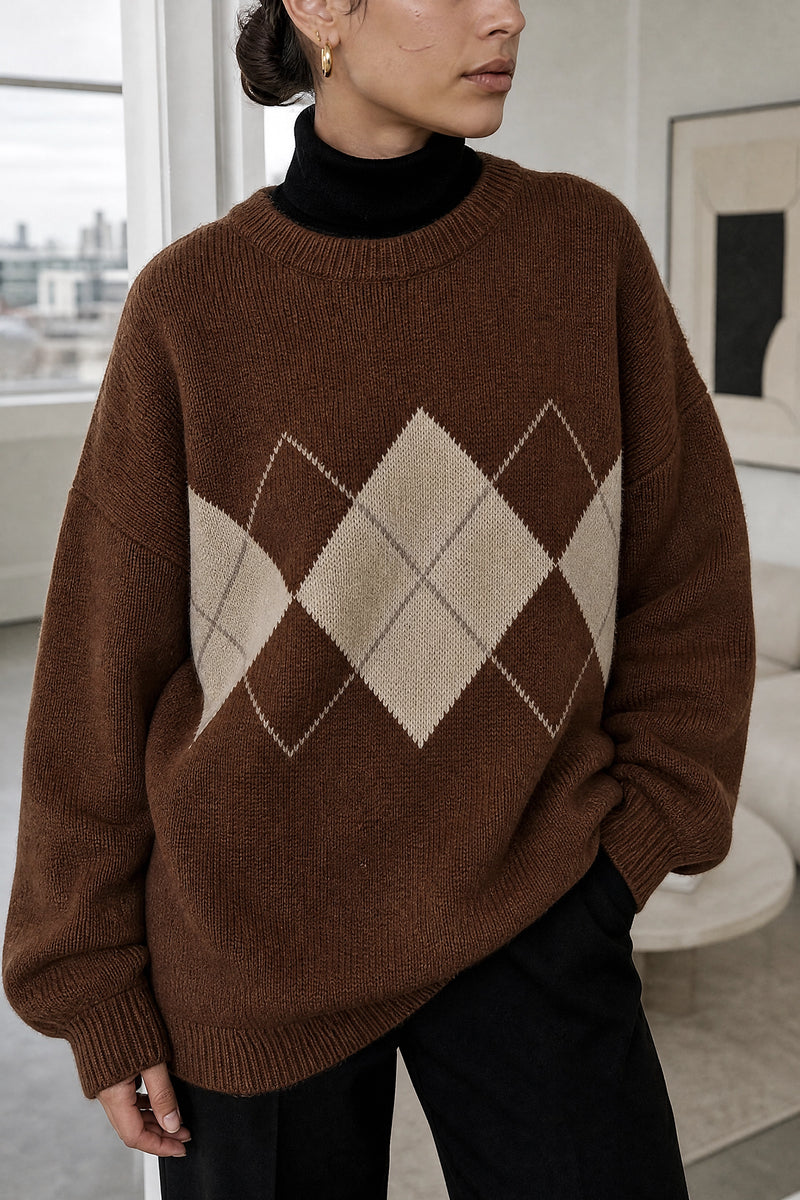 Bethany | Argyle Knit Sweater in Brown, fabric close-up